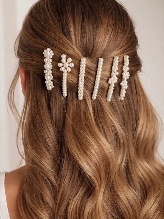 Accessories - 6 Pearl Floral & Beaded Hair Clip Set - White